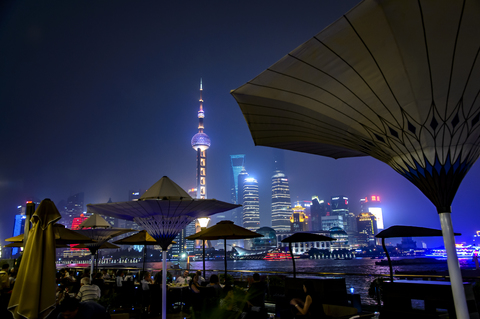 Outdoor restaurants at night stock photo