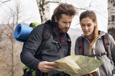 Wanderer lesen Karte im Wald - CAVF33689