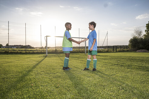 Young football players shaking hands on football ground - WESTF24049