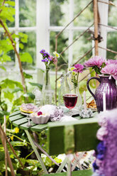 Dessert und Rotwein auf dem Tisch im Garten - FOLF08762