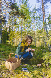 Young woman picking mushrooms in forest - FOLF08843