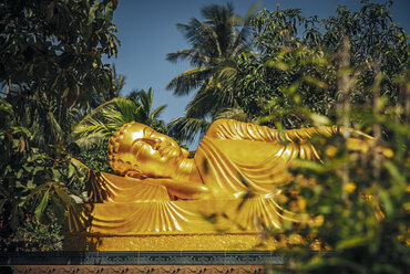 Goldene liegende Buddha-Statue, umgeben von Bäumen - CAVF34221