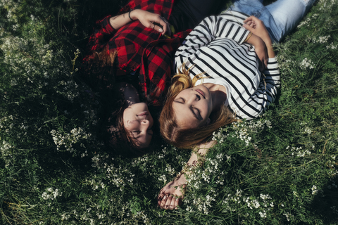 High angle view of female friends napping on grassy field stock photo