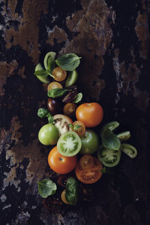 Tomaten mit Basilikum auf Holztisch - FOLF09420