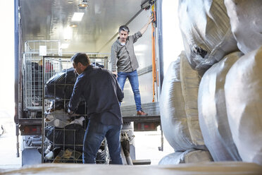 Ältere Mitarbeiter beim Entladen eines Sattelschleppers im Lagerhaus - MASF00064