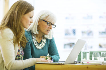 Female coworkers discussing while doing research on laptop computer in board room - CAVF34819