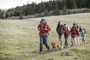 Freunde mit Hund wandern auf einem Feld - CAVF34866