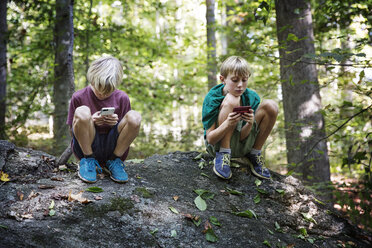 Jungen spielen Videospiele auf Smartphones im Wald - CAVF35072