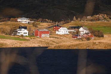 Norway, Lofoten Islands, houses at Lake Holdalsvatnet - WVF00967