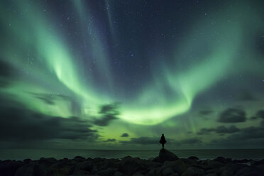 Norway, Lofoten Islands, Eggum, man standing on rock and watching northern lights - WVF01026