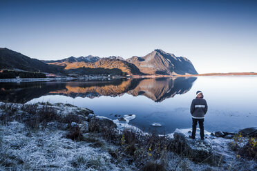 Norwegen, Lofoten-Inseln, Rückenansicht eines Mannes, der im Winter am Wasser steht und die Aussicht betrachtet - WVF01064