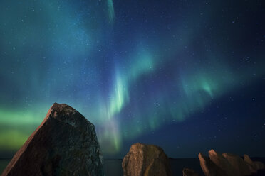 Norwegen, Lofoten Inseln, Eggum, Nordlicht am Sternenhimmel - WVF01083