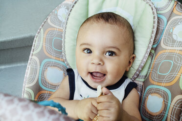 Portrait of smiling baby boy at home - CAVF35170