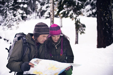 Couple looking at map in forest - CAVF35309