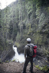 Ansicht eines Mannes mit Blick auf einen Wasserfall im Wald - CAVF35368