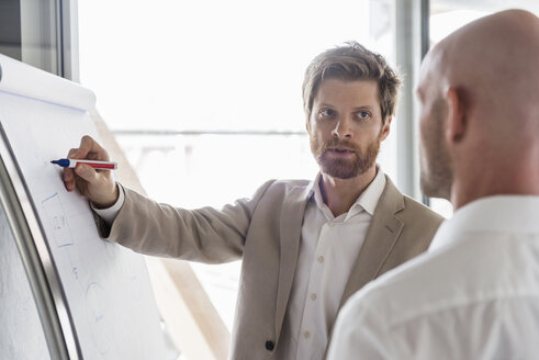 Two businessmen having a discussion at flipchart in office - DIGF03770