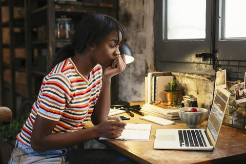 Pensive young woman sitting at desk in a loft looking at laptop stock photo