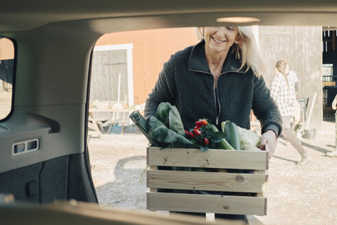 Ältere Frau, die eine Kiste mit Bio-Gemüse in den Kofferraum eines Autos lädt - MASF01613