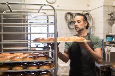 Selbstbewusster männlicher Besitzer, der ein Backblech mit frisch gebackenen Broten auf einem Gestell in einer Bäckereiküche hält - MASF01866