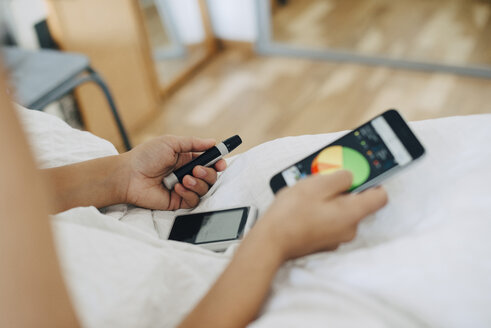 Abgeschnittene Frau, die den Blutzuckerspiegel überprüft, während sie auf dem Bett ein Mobiltelefon benutzt - MASF01881