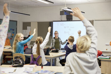 Lehrer sieht Schüler mit erhobenen Händen im Klassenzimmer an - MASF02039