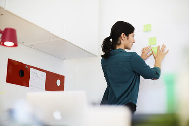 Rear view of mid adult businesswoman placing sticky notes on whiteboard in office - MASF02168