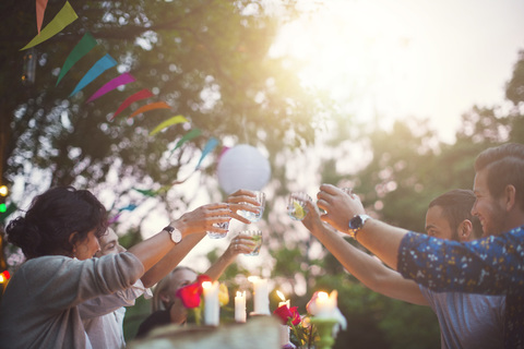 Multi-ethnic friends toasting drinks at garden party stock photo