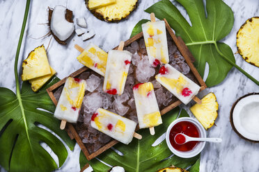 Pina Colada popsicles with candied cherries and pineapple on leaf - RTBF01161