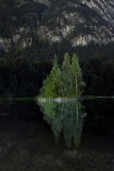 Blick auf Bäume, die sich im See vor einem Berg spiegeln - CAVF35592