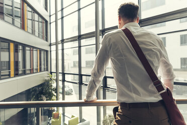 Rear view of businessman standing in office building leaning on railing - UUF13283