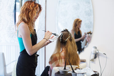 Side view of hairdresser applying dye to customer's hair - CAVF35909