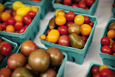 Hochformatige Ansicht von Tomaten in blauen Behältern zum Verkauf auf dem Markt - CAVF36237