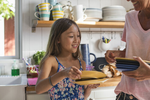 Glückliches Mädchen hält Teller mit Mutter in der Küche zu Hause - MASF02378