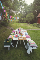 Hohe Winkel Ansicht der dekorierten Picknick-Tabelle im Hinterhof bei Garten-Party - MASF02394