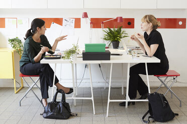 Full length of businesswomen talking while having lunch at table in office - MASF02491