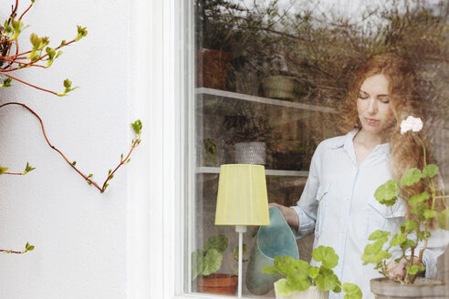 Frau gießt Topfpflanze zu Hause aus dem Glasfenster gesehen - MASF02565