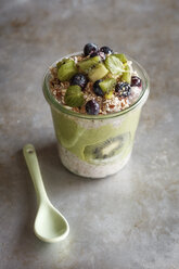 Glass of Chia Pudding with kiwi, granola and Kale Smoothie - EVGF03353