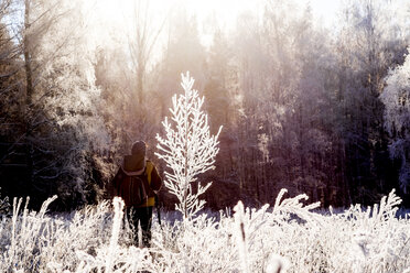 Rückansicht eines Wanderers, der sich im Winter im Wald vergnügt - CAVF36477