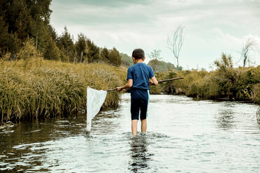 Rear view of boy holding butterfly fishing net while standing in lake - CAVF36487