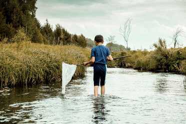 Rückansicht eines Jungen, der ein Schmetterlingsfischernetz hält, während er im See steht - CAVF36487