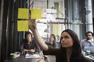 Creative business people looking at female colleague sticking adhesive note on window seen through glass - MASF03122