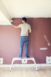 Rear view of man painting wall at home - CAVF37021