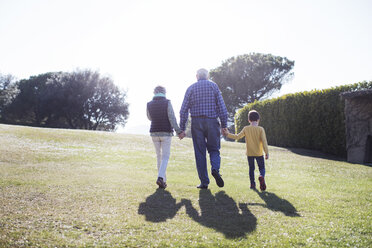 Rear view of grandparents walking with grandson on grassy field - CAVF37160