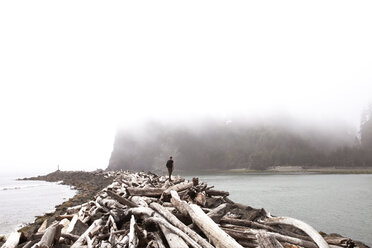 Teenager steht auf Treibholz inmitten des Meeres bei nebligem Wetter - CAVF37456