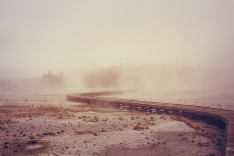 Boardwalk am Geysir im Yellowstone-Nationalpark, lizenzfreies Stockfoto