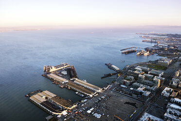 Aerial view of commercial dock and sea - CAVF37509