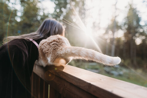 Rear view of girl with cat leaning on wooden fence - CAVF37647