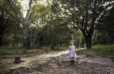 Curious girl standing by stream against trees at forest - CAVF37700