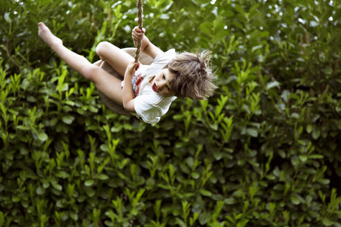 Happy boy swinging in garden - CAVF37832