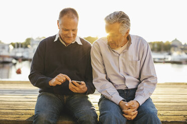 Älterer Mann sieht männlichen Freund an, der auf dem Pier ein Mobiltelefon benutzt - MASF03399